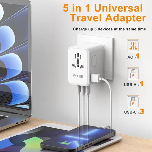 Vista 8 de VYLEE PD100W GaN Adaptador de Viaje Universal, Adaptador de Corriente Internacional Todo en Uno, 3 USB C y 1 USB A y Salida de CA, Adaptador