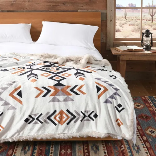 Vista 2 de Manta de felpa de piel sintética de lujo con patrón azteca, súper cálida, esponjosa, elegante, mullida manta decorativa para sofá, sillón, sofá