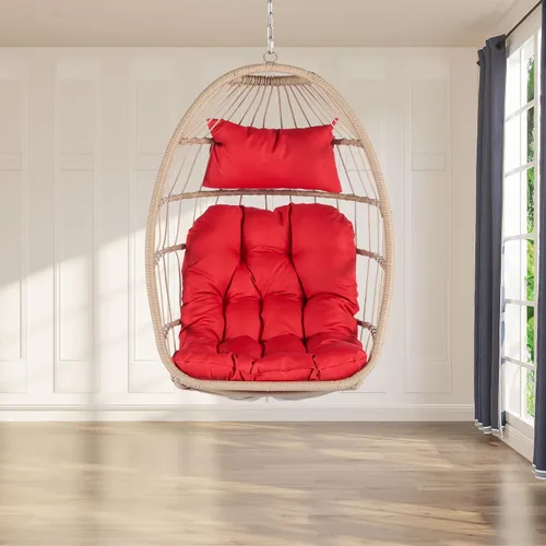 Vista 7 de Jardín al aire libre Rattan Huevo Swing Silla Colgante Silla Madera+Cojín Rojo