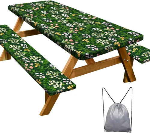 Vista 14 de Funda de mesa de picnic con fundas para bancos Esenciales de camping Mantel de picnic impermeable y a prueba de viento con bolsa de cordón, funda
