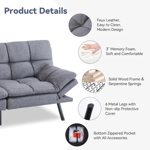 Vista 4 de Hcore Sofá cama convertible con respaldo dividido para sala de estar, oficina, apartamento, sofá biplaza de espuma viscoelástica, sofá pequeño Gris