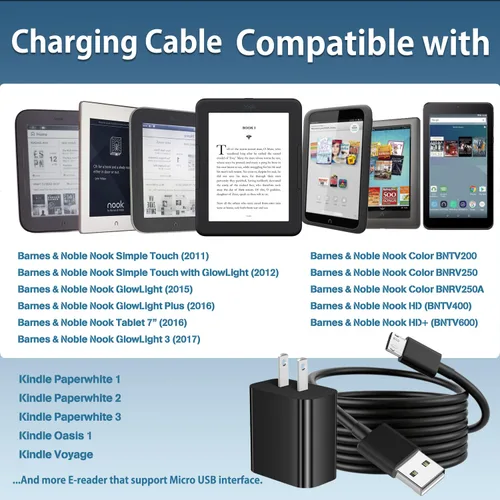 Vista 3 de Barnes and Noble Nook Cargador Micro USB Cable de carga USB de 6 pies Caja USB Cargador de pared Cabezal compatible para Barnes & Noble Nook Simple