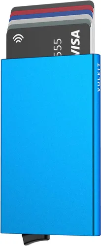 Vista 17 de VULKIT Cartera desplegable, soporte minimalista para tarjetas de crédito, bloqueo RFID, funda de metal delgada para hombres