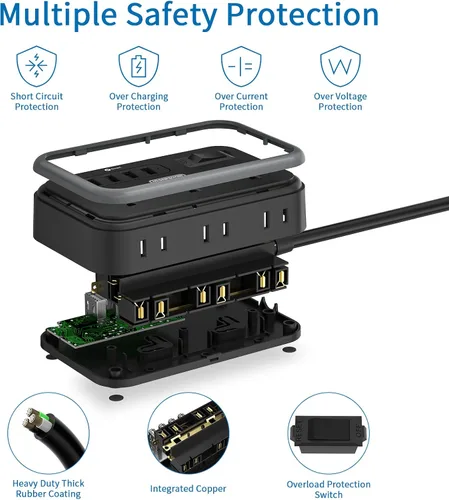 Vista 6 de NTONPOWER - Cable de extensión de enchufe plano de 10 pies, regleta de alimentación con 6 salidas ampliamente espaciadas (2 lados) con 4 puertos