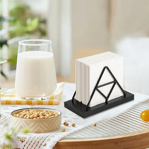 Vista 6 de Servilletero, forma triangular de alambre de metal y soporte de toalla de papel de madera, servilletero para mesa, dispensador de servilletas