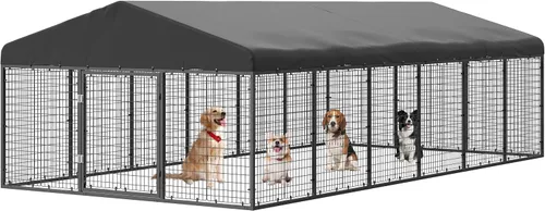 Vista 7 de Caseta de perro para exterior con valla para perros pequeños y medianos, recubrimiento antióxido, jaula con techo, resistente a todas