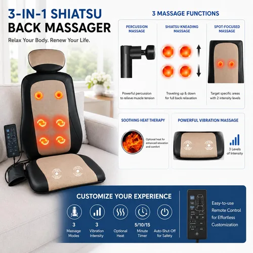 Vista 5 de Carepeutic Cojín de silla masajeador de espalda con calor, almohadilla de silla de masaje con percusión, amasado, vibración, para el hogar
