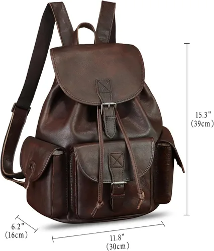 Vista 5 de IVTG Mochila de cuero genuino para hombres y mujeres, mochila vintage de cuero real, mochila de moda de alta capacidad (café)