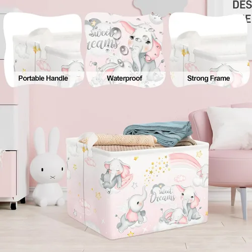 Vista 4 de Clastyle Cesta de almacenamiento rectangular de elefantes durmientes, color rosa, arcoíris, para niñas, con nube, luna, baby shower, ropa