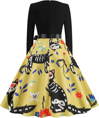 Vista 5 de Vestido de Halloween para mujer 2022 con estampado de moda de manga larga con cuello en V y dobladillo casual