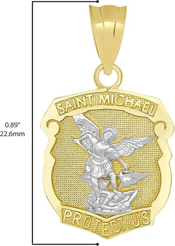 Vista 3 de Colgante de oro amarillo de 10 K, blanco, rosa o dos tonos de San Miguel el Arcángel Proteger Us Shield Medalla Colgante