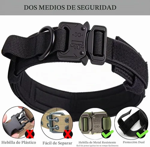 Vista 3 de Collar táctico para perro, ajustable, militar, de nailon, con asa de control y hebilla de metal resistente para perros medianos y grandes (negro, S)