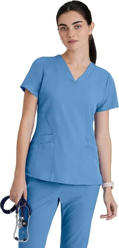 Vista 12 de BARCO ONE - Camiseta médica con cuello en V y 5 bolsillos, elástico de 4 vías, para mujer Índigo (Azul marino)