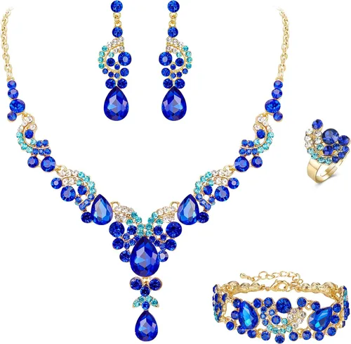 Vista 24 de Ever Faith - Conjunto de collar y aretes de lágrima con cristales de diamantes de imitación para novia, ondas florales