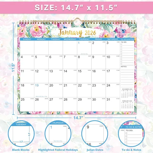 Vista 4 de Calendario de pared 2026 – enero 2026 – diciembre 2026, calendario 2026, 14.7 x 11.5 pulgadas, calendario 2026 de 12 meses, encuadernado en espiral