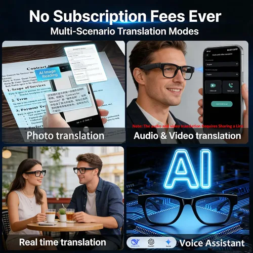 Vista 4 de Lentes inteligentes AI con GPT de chat, gafas Bluetooth con 164 idiomas para hombres y mujeres, reproducción de música y llamadas manos libres Negro