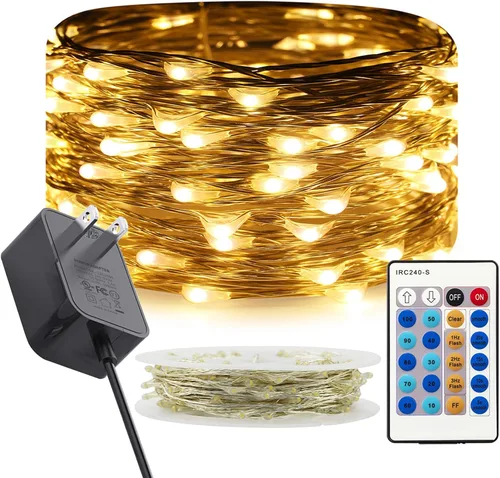 Vista 13 de RUICHEN Guirnalda de luces regulables enchufables de 33 pies, 100 luces LED de alambre plateado con control remoto, color naranja