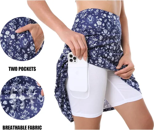 Vista 4 de Caisuedawn Falda pantalón floral hasta la rodilla para mujer, faldas atléticas modestas con 5 bolsillos para golf, deporte, entrenamiento