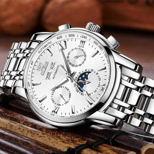 Vista 4 de OLEVS Reloj de pulsera para hombre, diseño de esqueleto, automático, de lujo, con cara grande, multicalendario, de acero inoxidable, impermeable