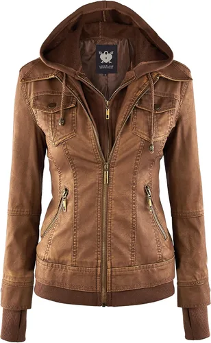 Vista 41 de Lock and Love Chaqueta Abrigo de Moto Motociclista de Piel Sintética para Mujer con Capucha Extraíble o No Extraíble Wjc1044_negro