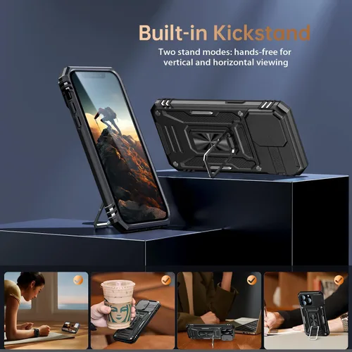 Vista 4 de MERRO Funda para iPhone 13 Pro con protector de pantalla, protección de cámara deslizante, funda resistente de grado militar con soporte magnético