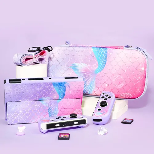 Vista 6 de GLDRAM Purple Carrying Case Compatible with Nintendo Switch OLED, Cute Accessories Kit with Travel Case, Switch OLED Protective Shell, Screen
