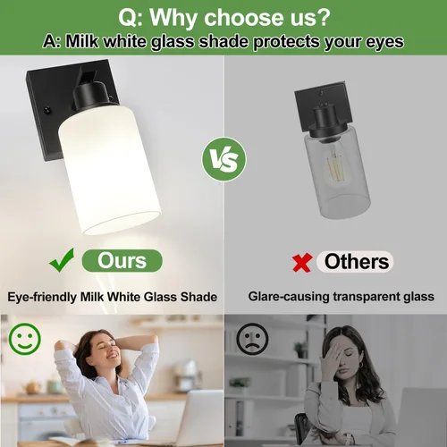 Vista 5 de MOKATNG Juego de 2 apliques de pared para baño, luces de tocador modernas negras con pantalla de vidrio blanco, lámpara de pared de baño