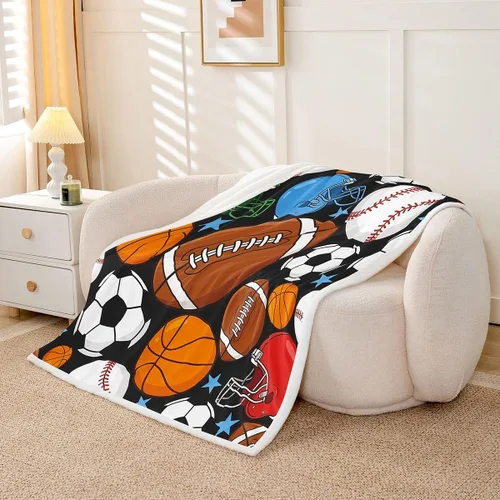 Vista 2 de Feelyou Football Throw Blanket Basketball Sports Soft Fleece Sherpa Cozy Fuzzy Plush Warm Soccer Ball Game Fuzzy Plush Throw Black Baseball Gaming