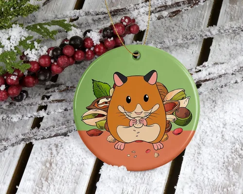 Vista 2 de Hamster Eating Stash of Food – Adorno de Navidad – Adorno de Navidad – Adorno de cerámica para él, su esposa y esposo impreso en ambos lados