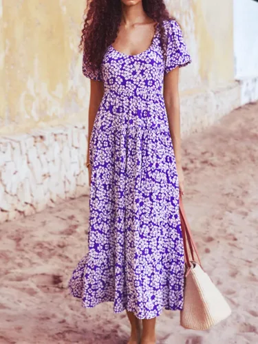 Vista 2 de PRETTYGARDEN Vestidos de verano para mujer, manga abombada, floral, casual, vestidos de verano fruncidos, sin espalda, para playa, vestido largo