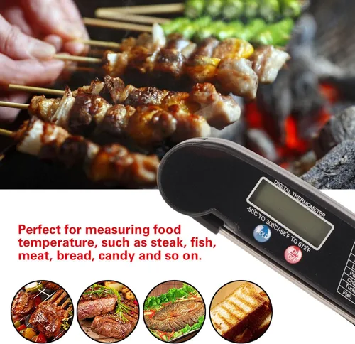 Vista 4 de Termómetro digital para carne de alimentos, LCD ABS Shell sonda de acero inoxidable sonda plegable para cocina, barbacoa, parrilla, probador