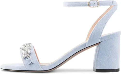 Vista 3 de Saekcted Sandalias de tacón medio grueso para mujer, con puntera abierta, correa al tobillo, con diamantes de imitación, zapatos de vestir casuales