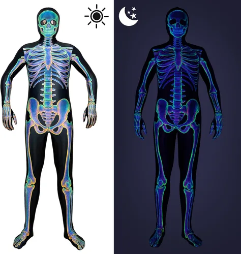 Vista 5 de Uisozsfeb Disfraz de esqueleto para hombre que brilla en la oscuridad Tiene un efecto fluorescente en un ambiente oscuro. E046