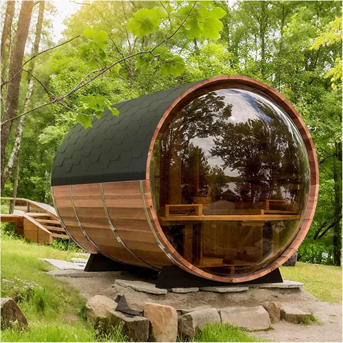Vista 10 de Smartmak Sitio de sauna de barril de madera al aire libre, 4 personas Canadian Hemlock Garden Saunas de madera tradicionales con techo de asfalto