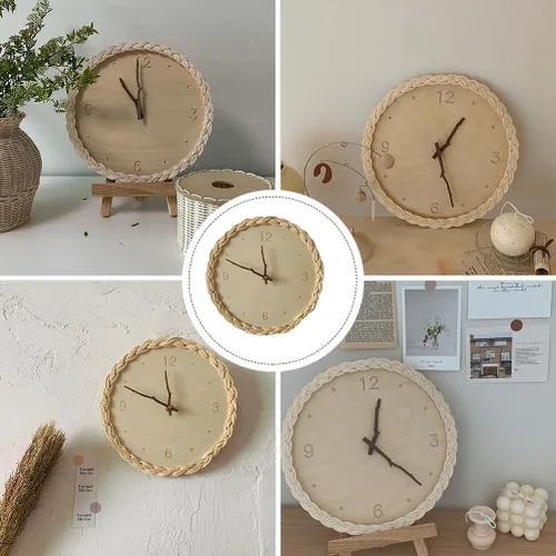 Vista 5 de Garneck Reloj de pared colgante de ratán, reloj silencioso de madera, reloj silencioso para sala de estar, reloj montado en la pared, reloj colgante