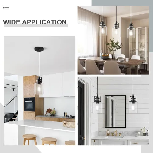 Vista 5 de Paquete de 3 Luces Colgantes para Isla de Cocina, Lámpara Colgante Negra Moderna, Luces de Isla de 47 Pulgadas, Cuerda Ajustable, Vidrio