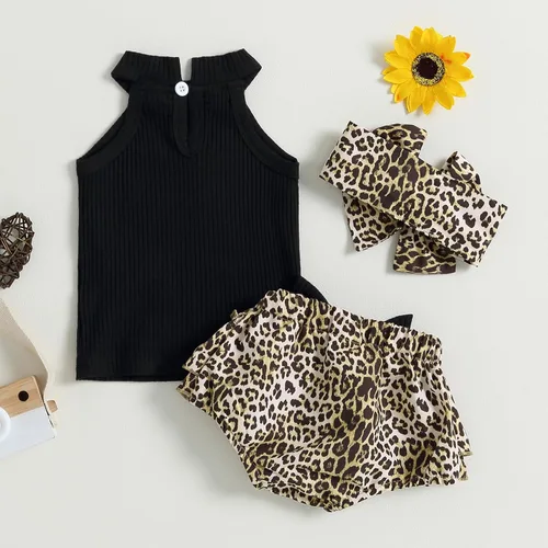 Vista 9 de Conjunto de ropa de verano para bebé recién nacida, sin mangas, con estampado de amor, volantes, pantalones cortos de leopardo, 3 piezas, diadema