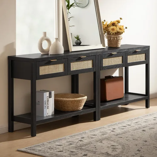 Vista 11 de SICOTAS Mesa consola negra con cajones de ratán - Mesa de entrada de ratán boho con almacenamiento, mesas consola pequeñas para entrada, mesa