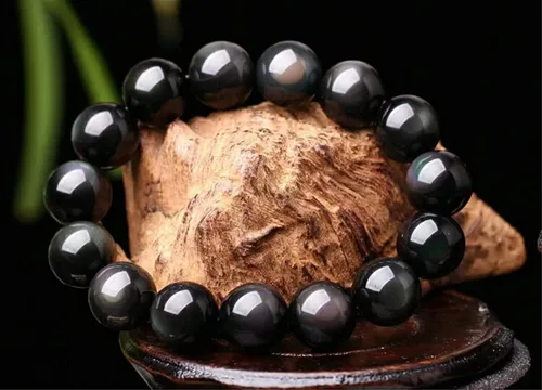Vista 3 de Muko Gemstone - Pulsera de cuentas redondas de obsidiana negra natural de 0.630in, AAAAA