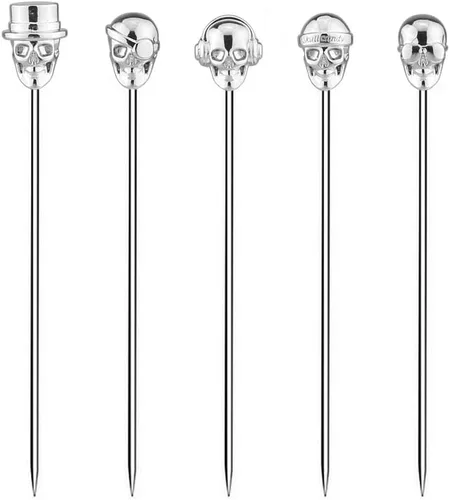 Vista 5 de 5 palillos de cóctel de acero inoxidable con diseño de calavera, púas de martini, reutilizables, color plateado antiguo
