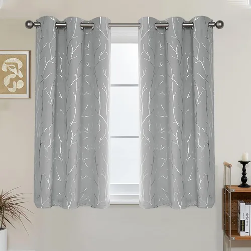 Vista 29 de BUHUA Cortinas pequeñas para ventana de 36 pulgadas de largo, 2 paneles, cortinas opacas con elegantes ramas de árbol plateadas, cortinas de bloqueo