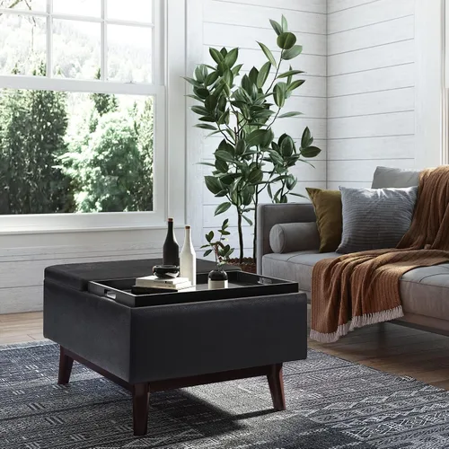 Vista 2 de SIMPLIHOME Owen Tray Top - Otomana pequeña de almacenamiento para mesa de centro – otomana rectangular tapizada de cuero vegano de 34 pulgadas
