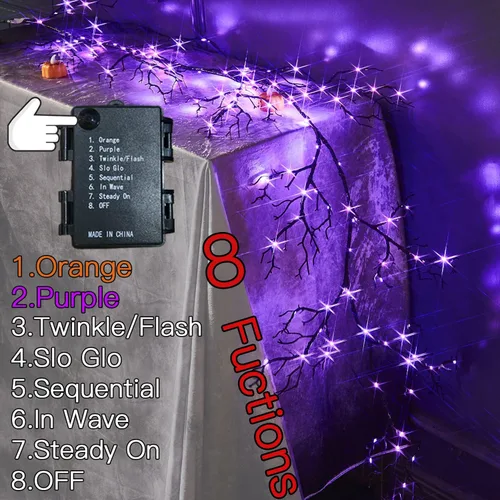 Vista 2 de Fudios Guirnalda de Halloween iluminada con 120 luces LED naranjas y moradas para manto, guirnalda negra de Halloween con luces, 8 funciones