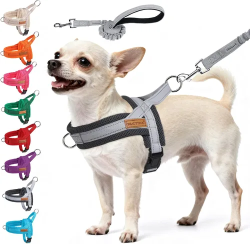 Vista 38 de BEAUTYZOO Arnés para Perros Pequeños, Juego de Arnés y Correa sin Tirones, Arnés de Pecho para Cachorros a Prueba de Escapes con Mango, Arnés Beige