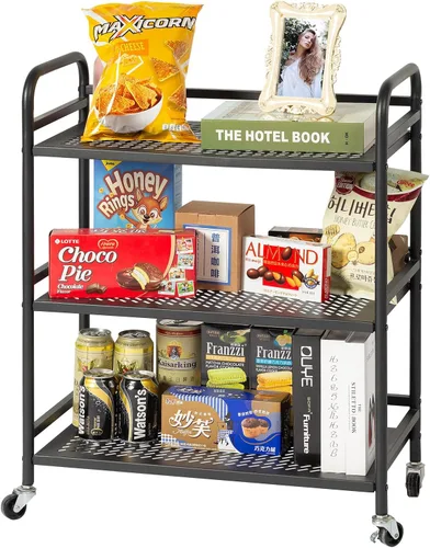 Vista 16 de HDANI Carrito de metal rodante de 3 niveles, carrito multiusos de alta capacidad resistente para oficina, cocina, sala de estar, dormitorio, negro