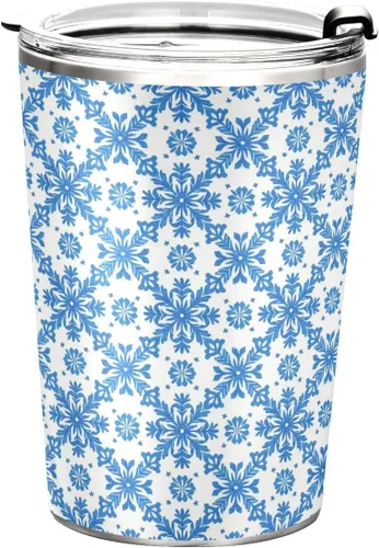 Vista 8 de Taza de acero inoxidable azul con patrón floral de copo de nieve, tapa a prueba de fugas y tazas de paja para café para la escuela, deportes