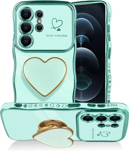 Vista 19 de Funda para Samsung Galaxy S23 Love-Heart Holder Case Cute Black Luxury Wave Frame forma rizada con corazón de amor, cubierta protectora de TPU suave