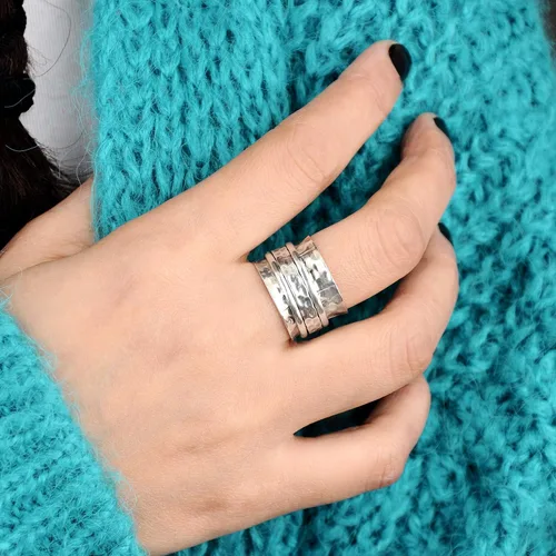 Vista 7 de Boho-Magic Anillo giratorio de plata de ley 925 para mujer, martillado ancho anillo para ansiedad, Metal