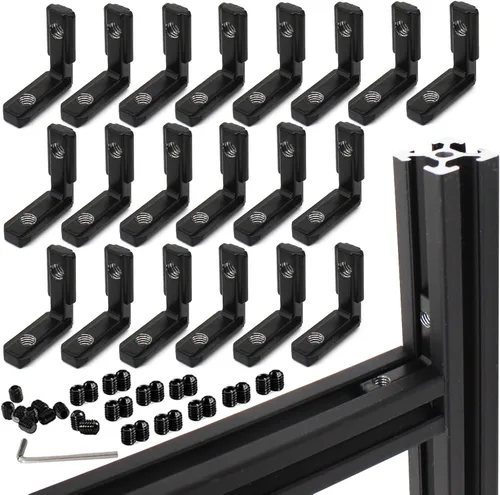 Vista 31 de 10 juegos de perfiles de extrusión de aluminio de la serie 2020, soportes en L de ángulo recto negro con tuercas y pernos de ranura en T M5