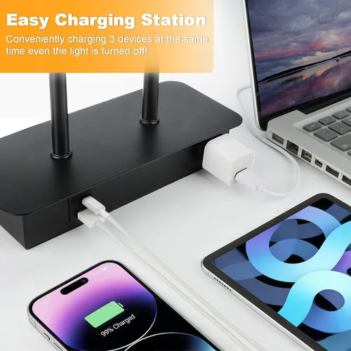 Vista 3 de Lámpara de mesa con control táctil regulable en 3 vías con 2 puertos USB y toma de corriente AC, lámpara moderna de mesita de noche con pantalla